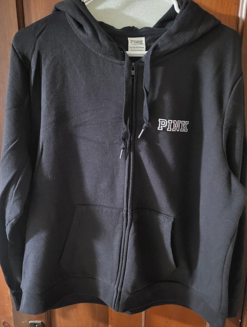 PINK Victoria's Secret Black Zip-Up Hoodie~Silver Bling~Size Xxl.